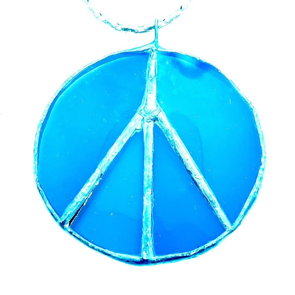 Costume 34” Old Stained Glass Blue Peace Necklace
